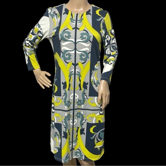 J McLaughlin Blue Green Yellow S Retro Print Catalina Cloth Sheath Dress in EUC - Picture 1 of 8